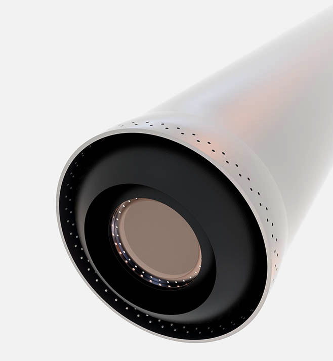 Detailed view of the OB-1 rocket’s engine nozzle, emphasizing its clean circular geometry and perforations around the exit cone. Represents the technical precision of the propulsion system.
