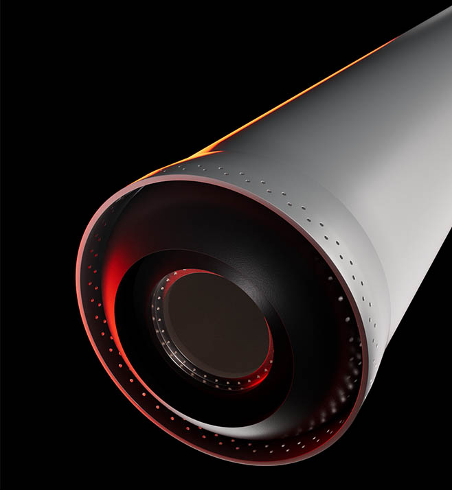 Detailed view of the OB-1 rocket’s engine nozzle, emphasizing its clean circular geometry and perforations around the exit cone. Represents the technical precision of the propulsion system.