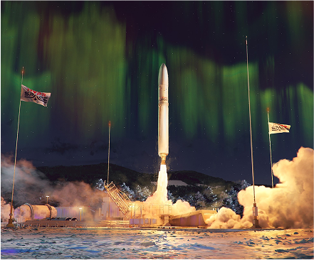 Baguette One rocket launching at night under northern lights, with HyPrSpace flags visible and billowing smoke on the frozen ground.